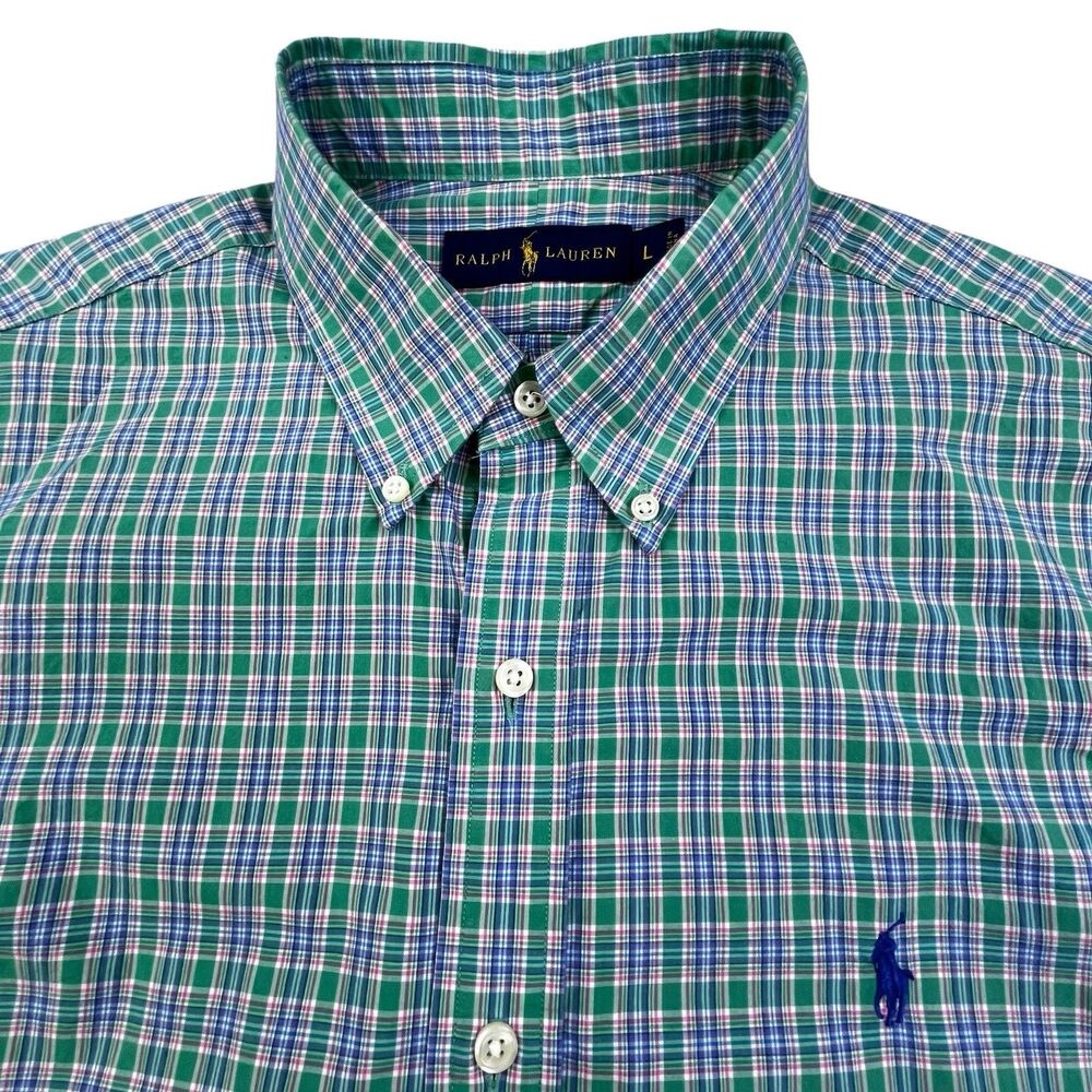 Polo Ralph Lauren Shirt Men L Green Plaid Oxford Cotton Preppy OCBD Designer